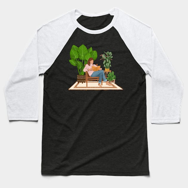 Reading with plants 2 Baseball T-Shirt by Gush Art Studio 1